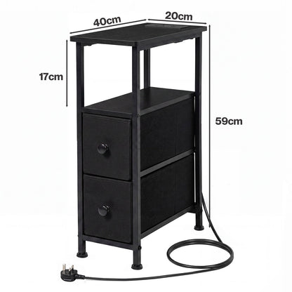Levede Bedside Table Narrow Side Table with LED Charging Station Storage Black