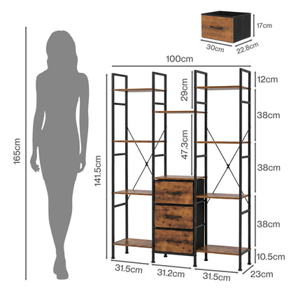 Levede Book Shelves 10 Open 3 Fabric Drawers Tall Storage Unit for Office Brown