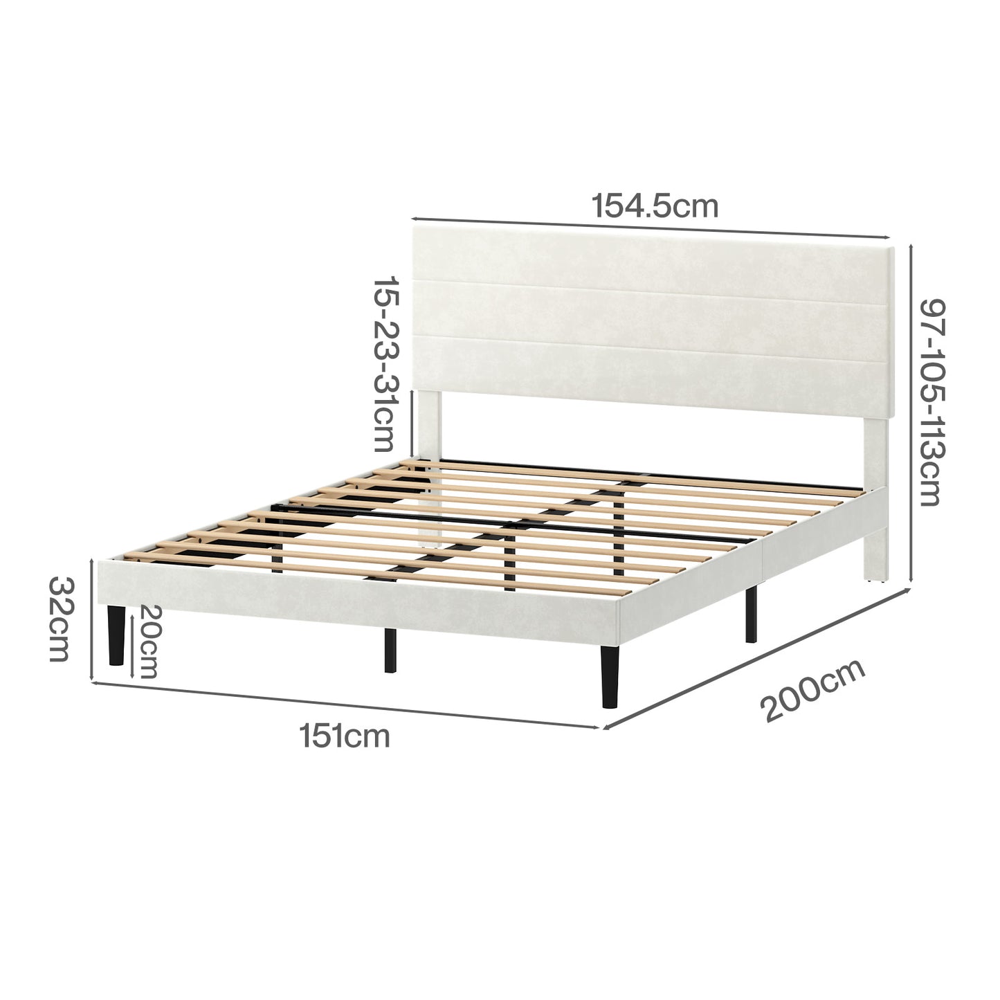 Levede King Bed Frame Upholstered Headboard Platform Velvet Foam White Fabric