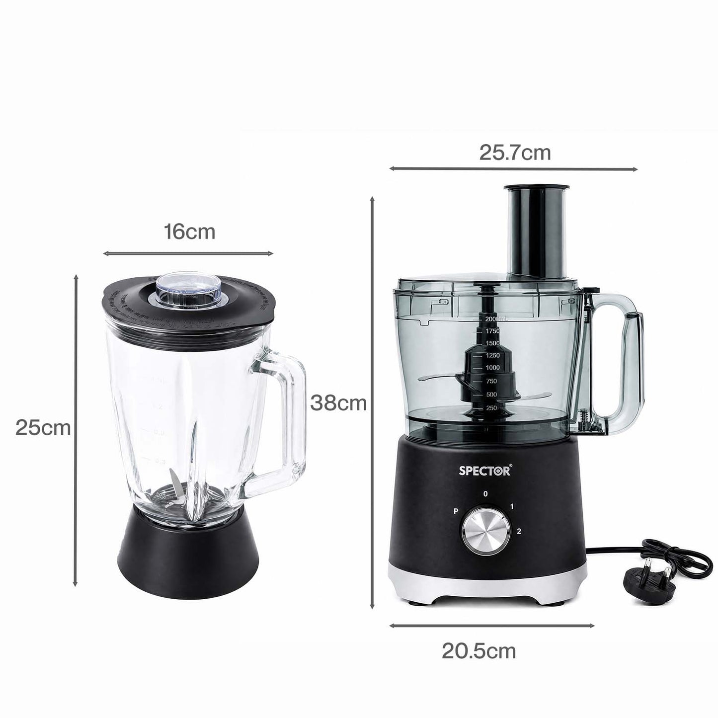 Spector Food Processor 1500W 2-Speed Pulse 2.5L Chopper 1.5L Glass Jug Black