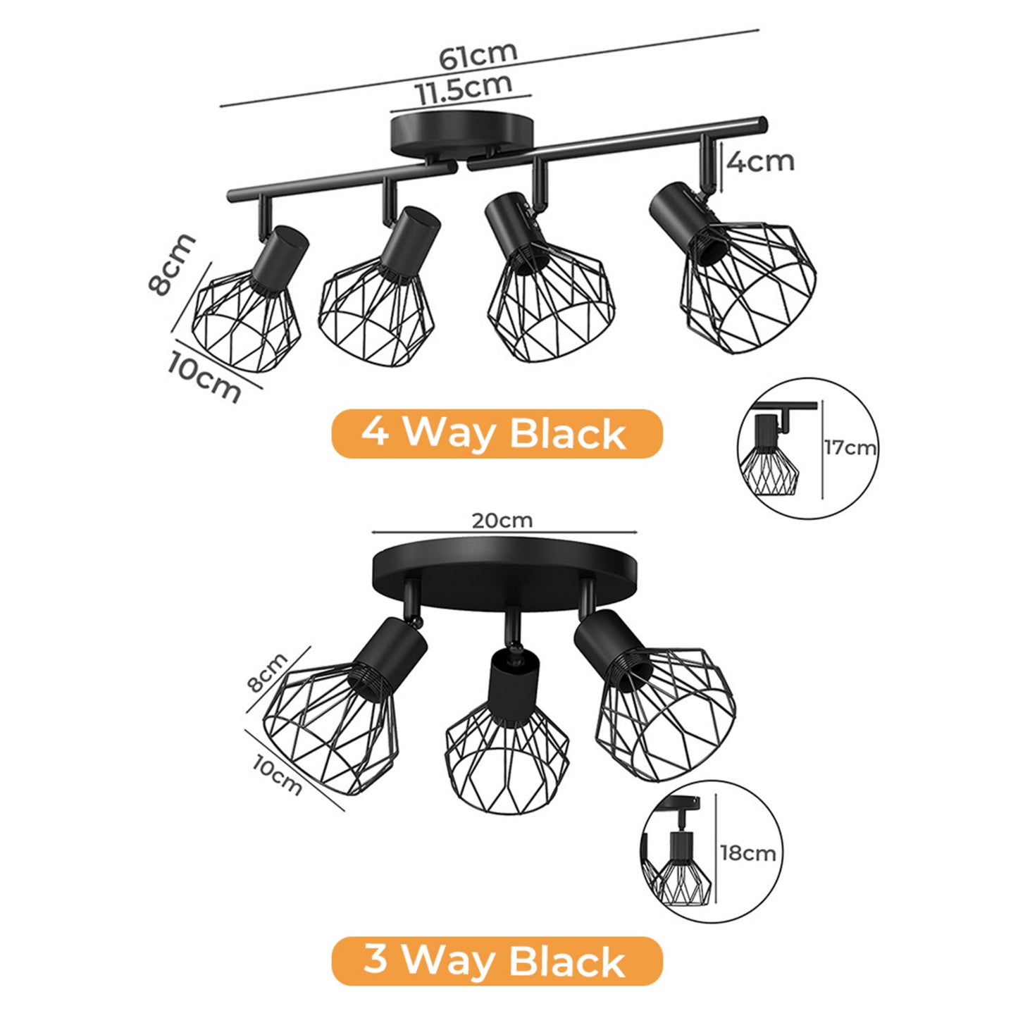 EMITTO 3-4 Way Spotlight Ceiling Light Adjustable Kitchen Spot Light E14 Fixture