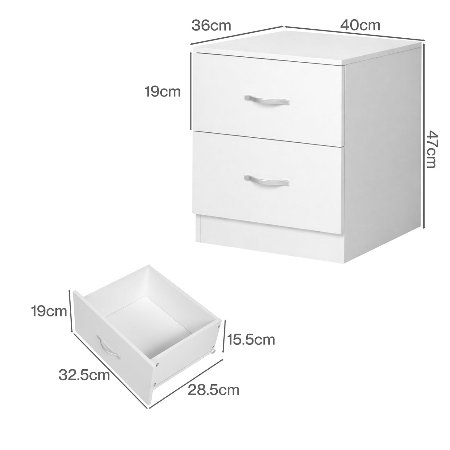 Levede Bedside Table With 2 Drawer Metal Handles Runners White Bedroom Cabinet