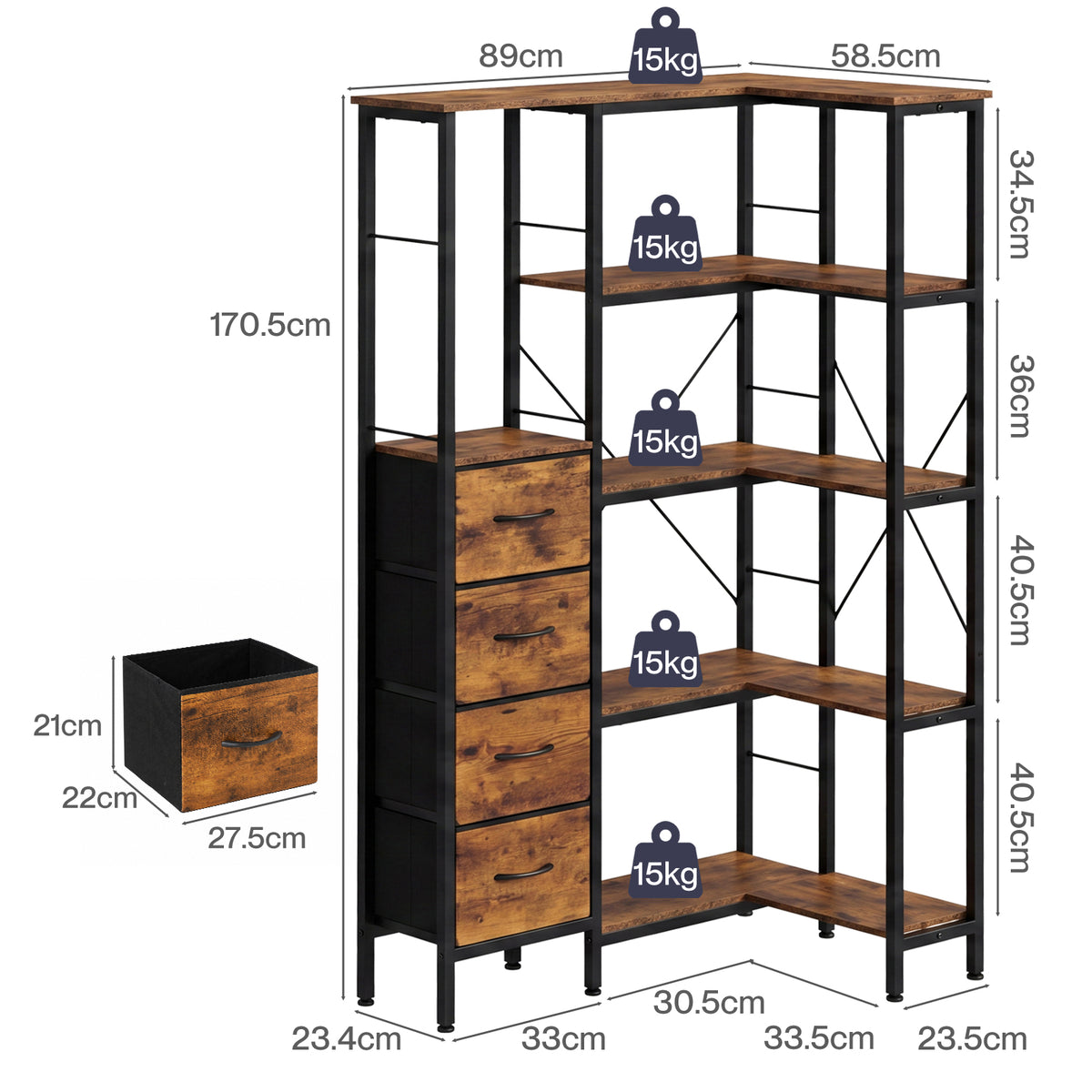 Levede Corner Bookcase with 4 Fabric Drawers & LED Light 5 Tier Bedroom Rustic