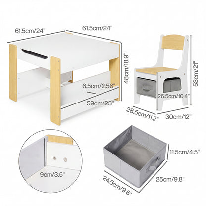 Dekko Kids Table and Chairs Set 2-in-1 Flip Top Storage Play Study Natural
