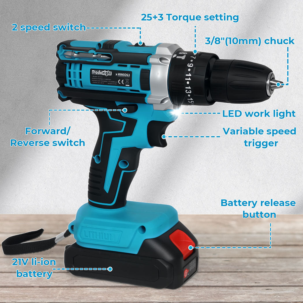 Traderight 2 Battery 21V Cordless Drill Combi Driver Electric Screwdriver Set