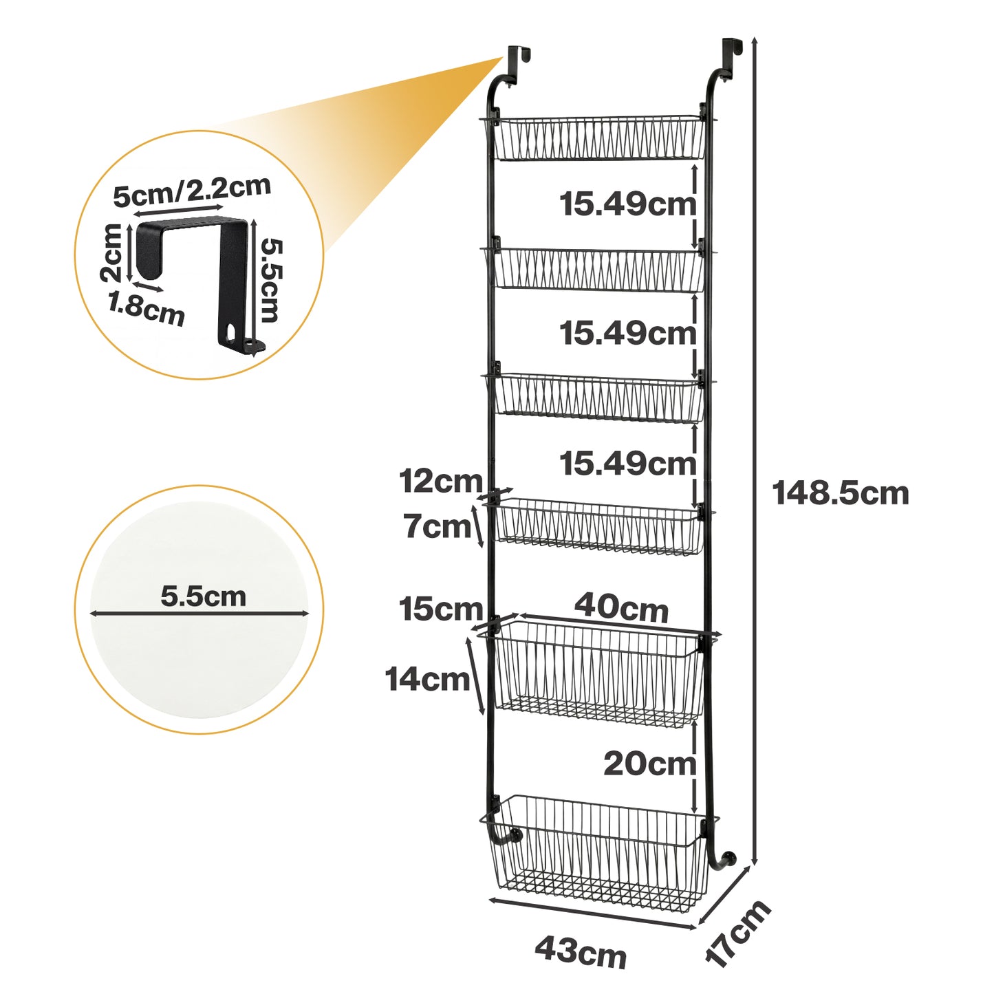 TOQUE Over Door Pantry Organiser 6 Tier Kitchen Hanging Storage Rack Black Metal