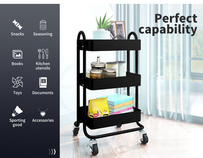 Levede 3 Tiers Kitchen Trolley Cart Steel Storage Rack Shelf Organiser Black