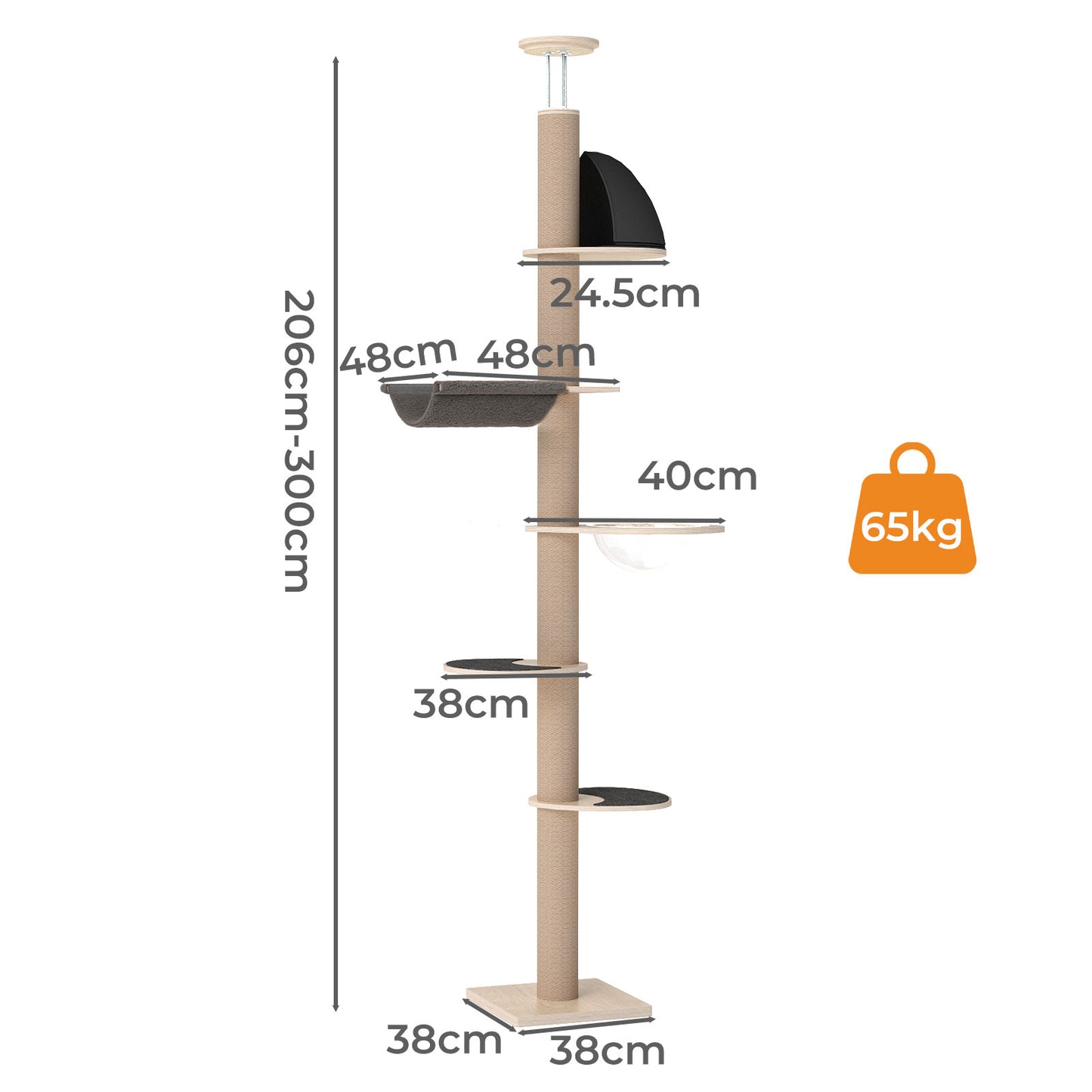 Skylos Floor to Ceiling Cat Tree Adjustable Height 206-300cm 6-Tier Cat Tower