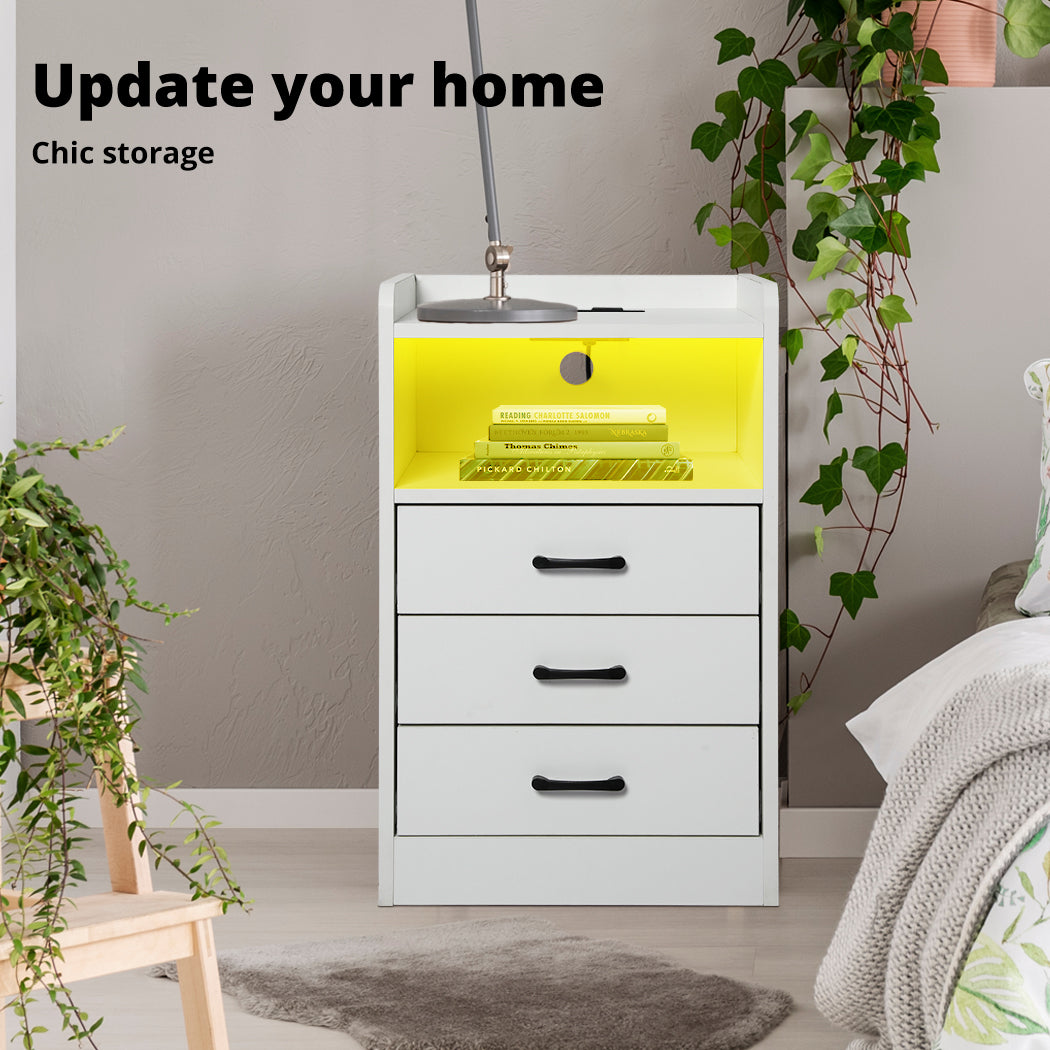 Levede Bedside Table Nightstand USB Charger Outlet RGB LED 3 Drawers White