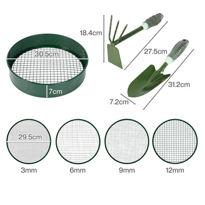 Garden Sieve Soil Sifter Set Metal 4 Mesh Inserts Shovel Hoe for Pots Green