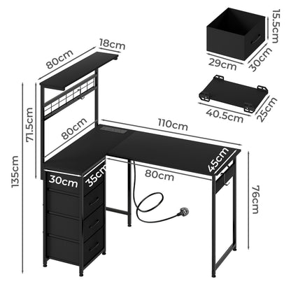 Levede L Shaped Gaming Desk with Led Light Storage Drawers Coner Computer Table