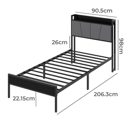 Levede Single Bed Frame Metal Platform Linen Upholstered Headboard with Storage