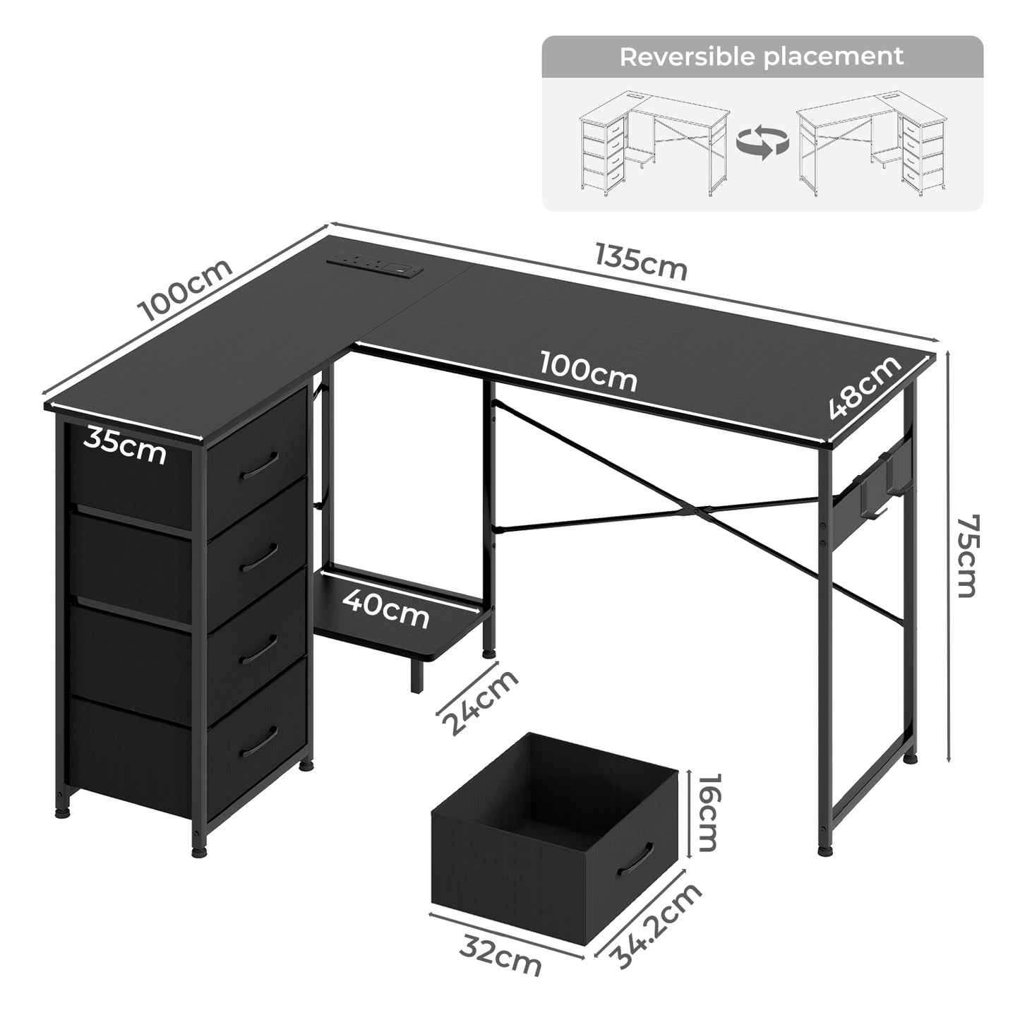 Levede L-shaped Office Desk Corner Computer Table with Storage USB Power Charing