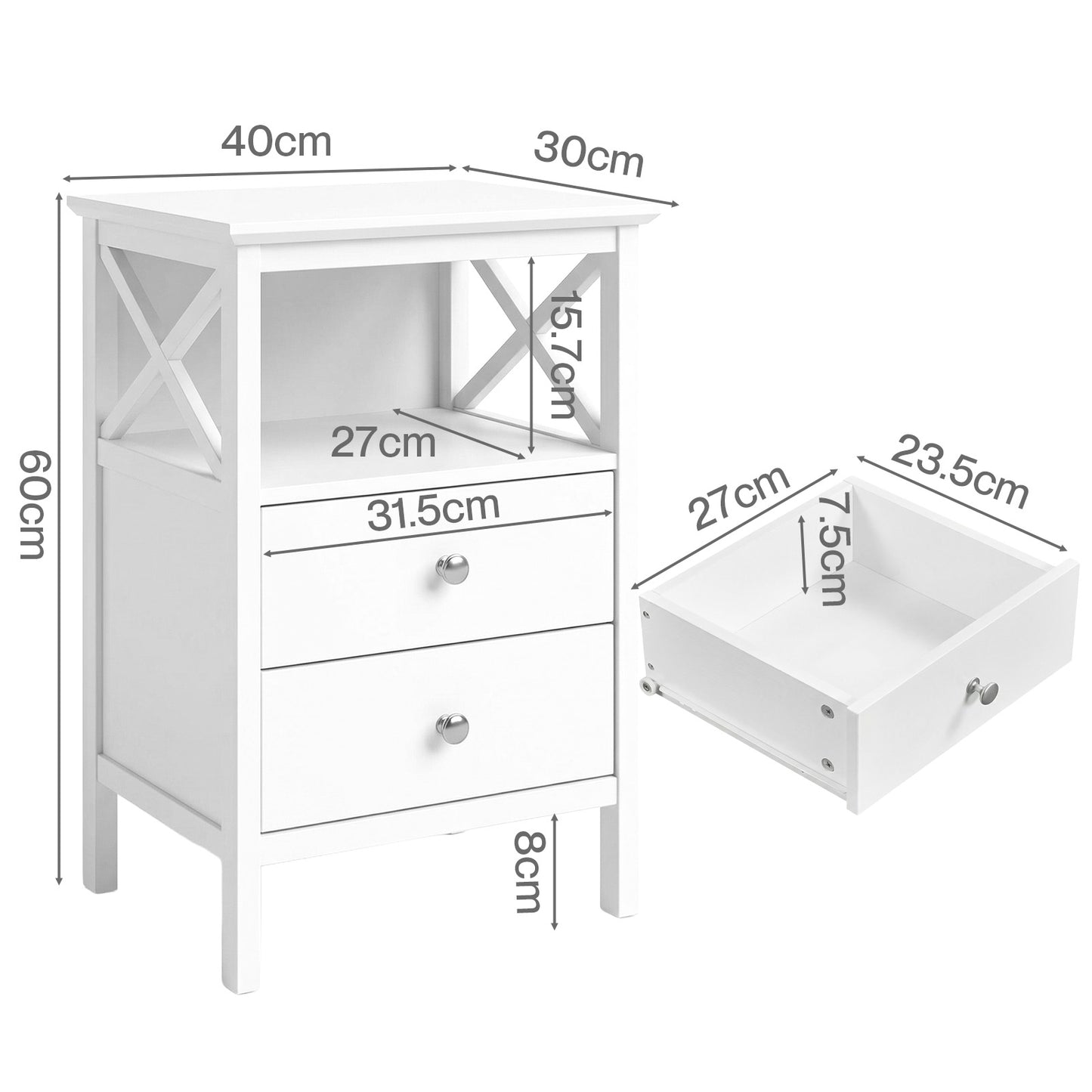 Levede Bedside Table Wood Nightstand Cabinet 2 Storage Drawers Open Shelf White