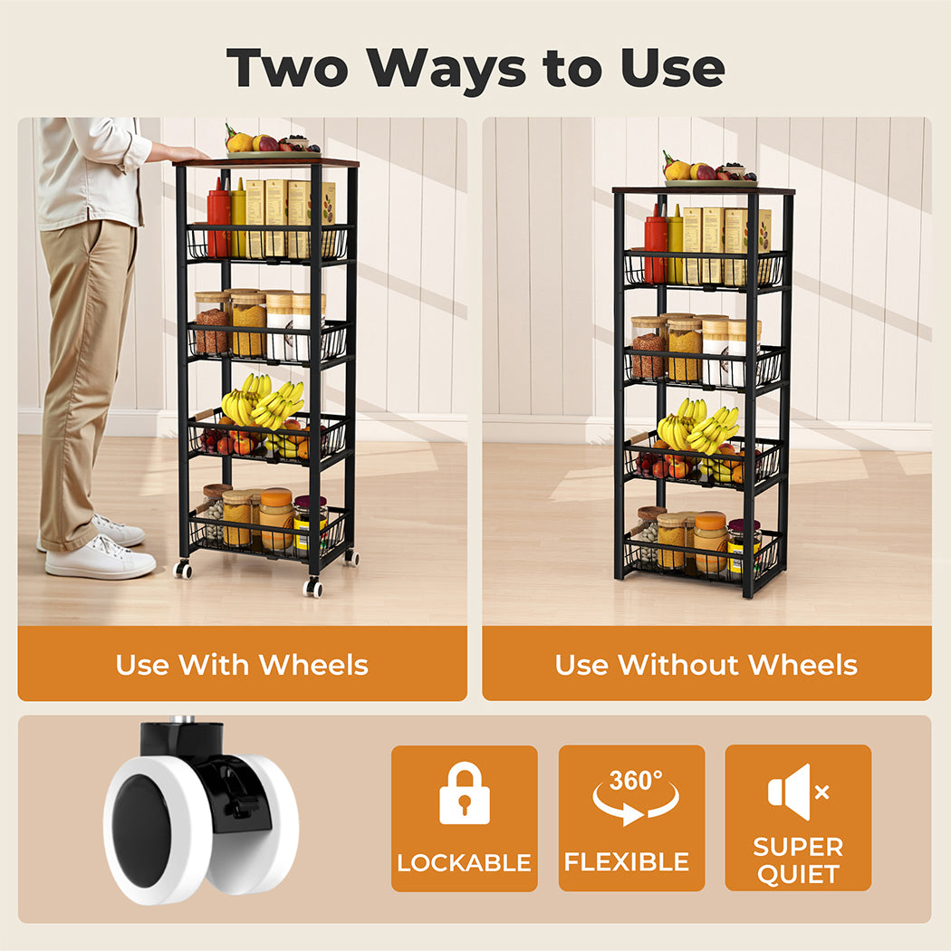 Levede 5 Tier Kitchen Trolley Storage Rack Cart Rolling Trolley Wheels Handle