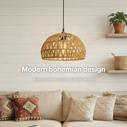 Emitto Rustic Ceiling Pendant Light Shade Hemp Rope Lamp Shade Boho Yellow 23cm