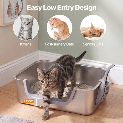 Skylos Cat Litter Tray Stainless Steel 7.5cm Low Entry High Sides 201 Steel