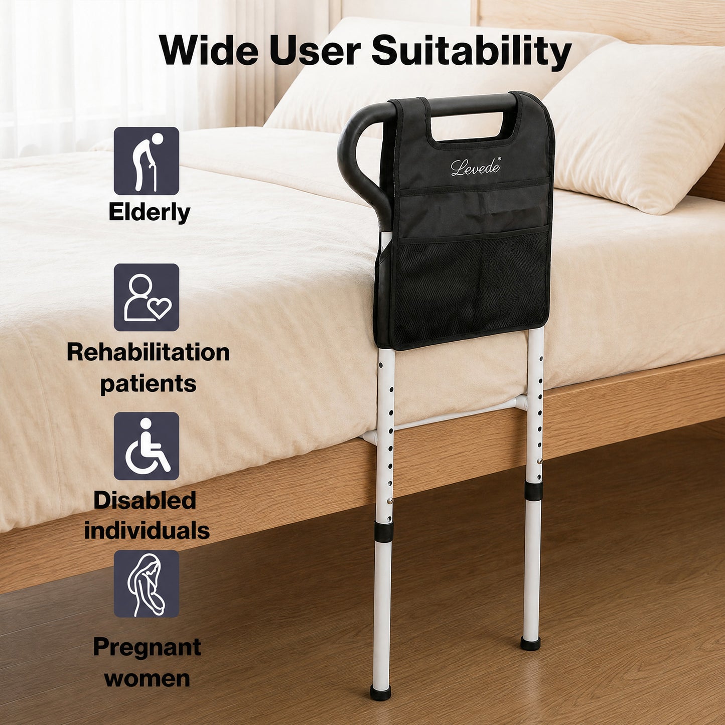 Levede Bed Rail Frame Adjustable Bedside Support Bar Bedroom Handle Storage Bag