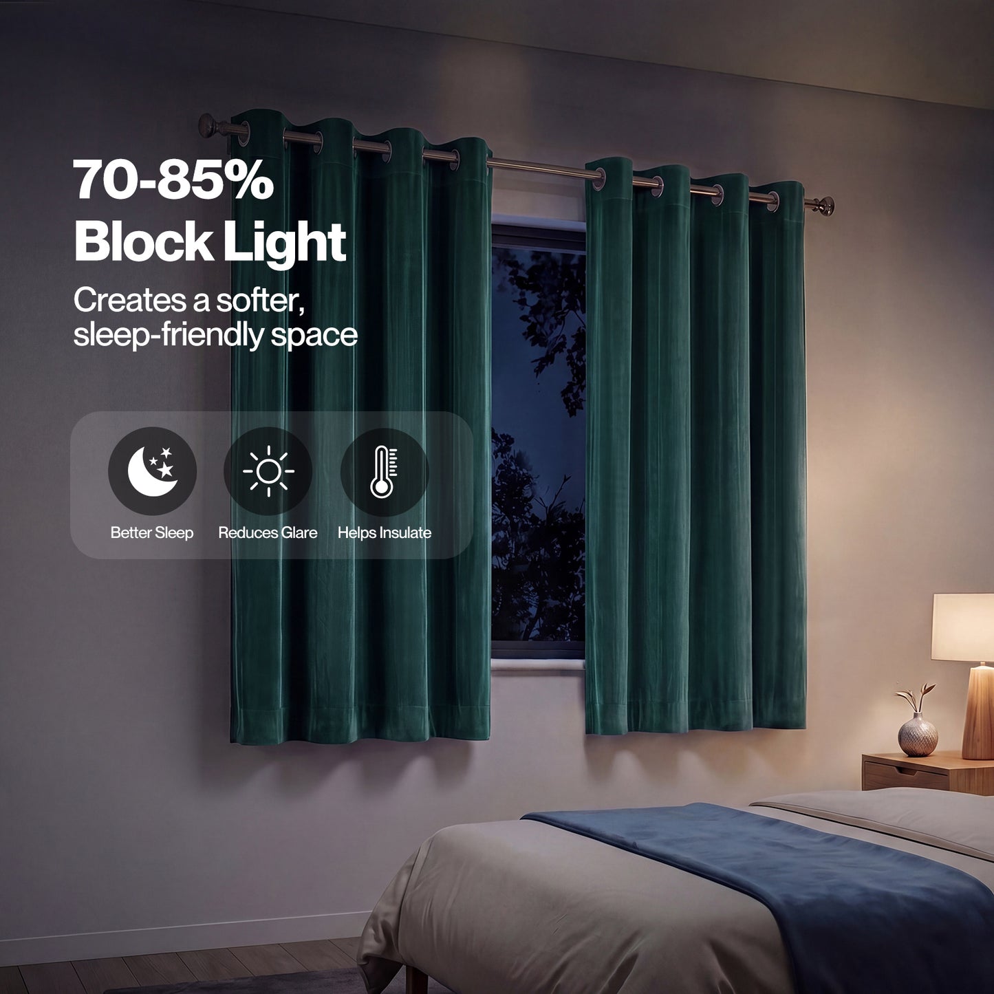 Marlow Thick Thermal Blackout Curtains Velvet 46x54 Inch Eyelet Ring Top Green