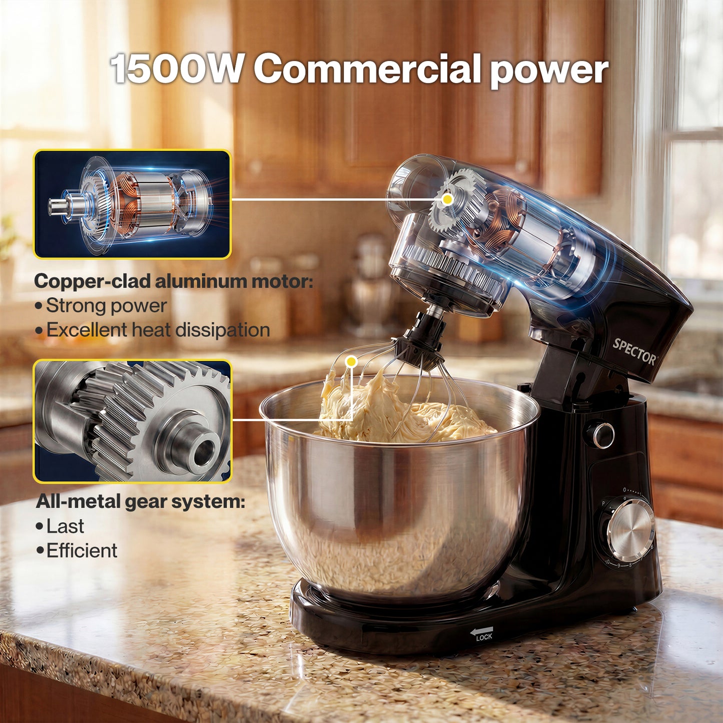 Spector Stand Mixer Electric 5L+4.5L Mixing Bowl 1500W 10 Speed Dough Hook Whisk