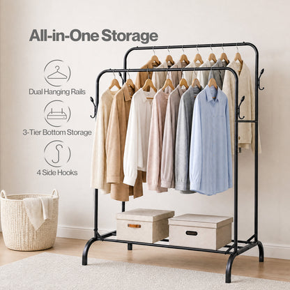 Levede Clothes Rail Heavy Duty 2 Rods Carbon Steel Rack with Shelf Bedroom Black