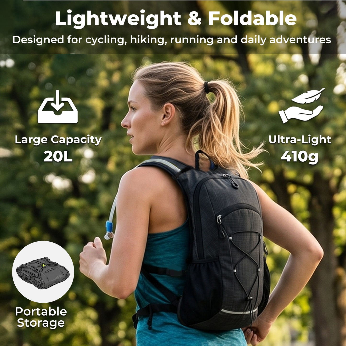 Swifto Hiking Backpack Foldable 20L Water Resistant Daypack For Camping Black