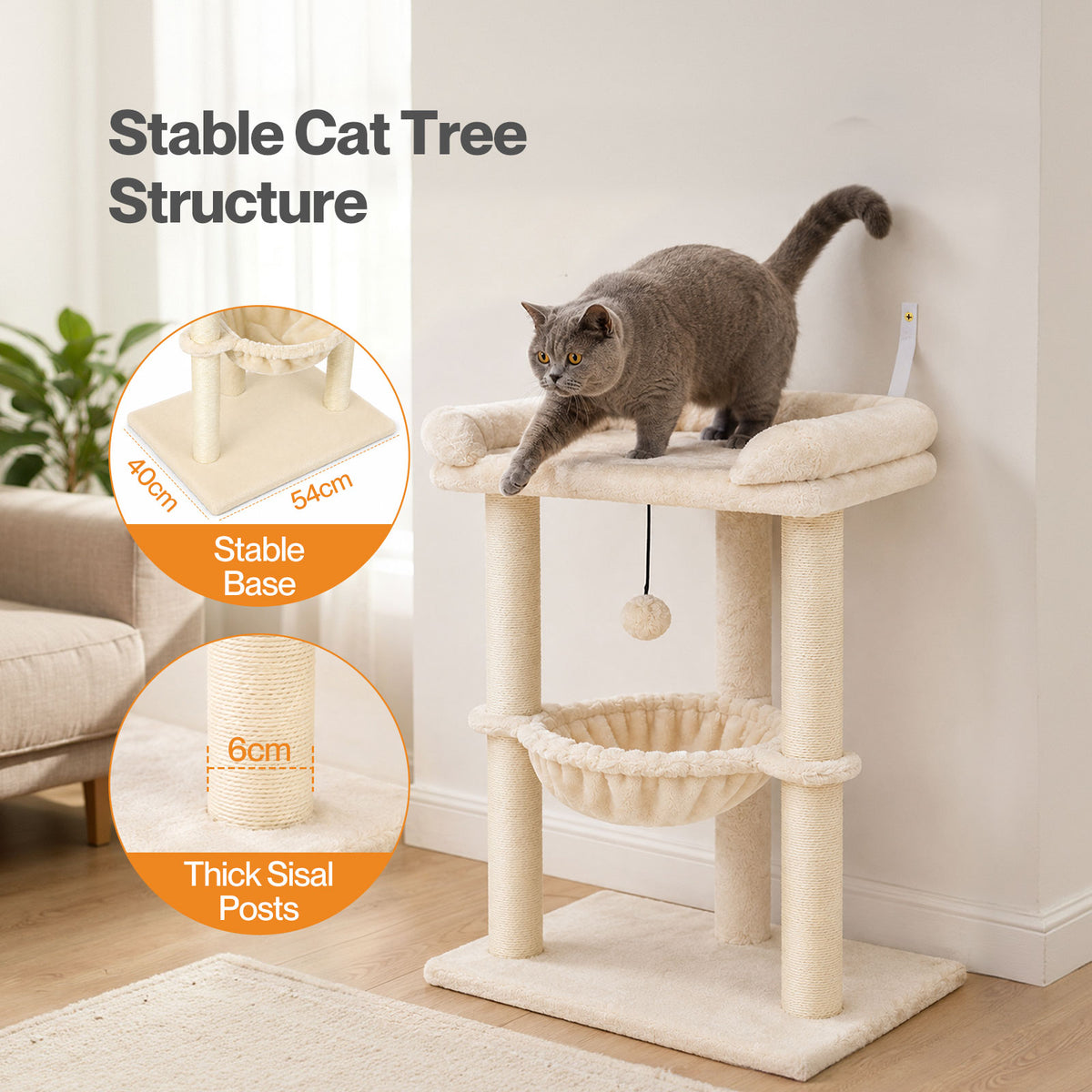 Skylos Cat Tree Tower Bed with Hammock Ball Scratching Post Large Perch Beige
