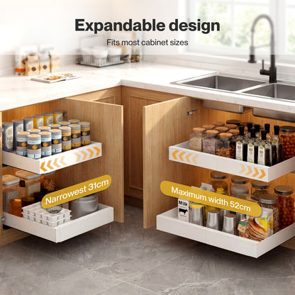 TOQUE Pull Out Cabinet Organizer Adhesive 2 Pcs Expandable White Storage Drawers