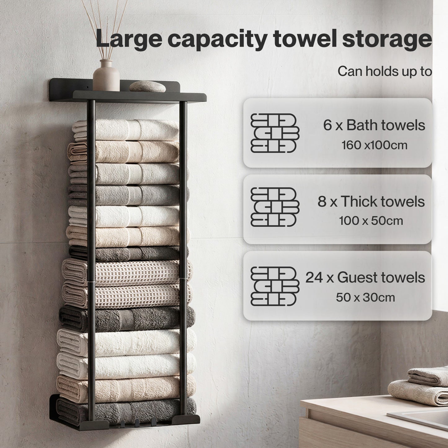 Levede Towel Rack Adjustable No Drilling Towel Holder Storage Wall Mounted Black