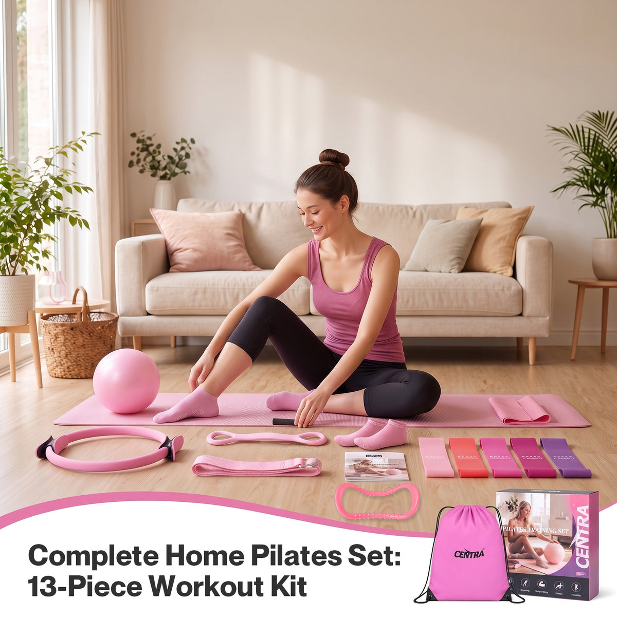 Centra Pilates Kit 13Pc All In One Set with Ring Ball Bands Home Workout Pink