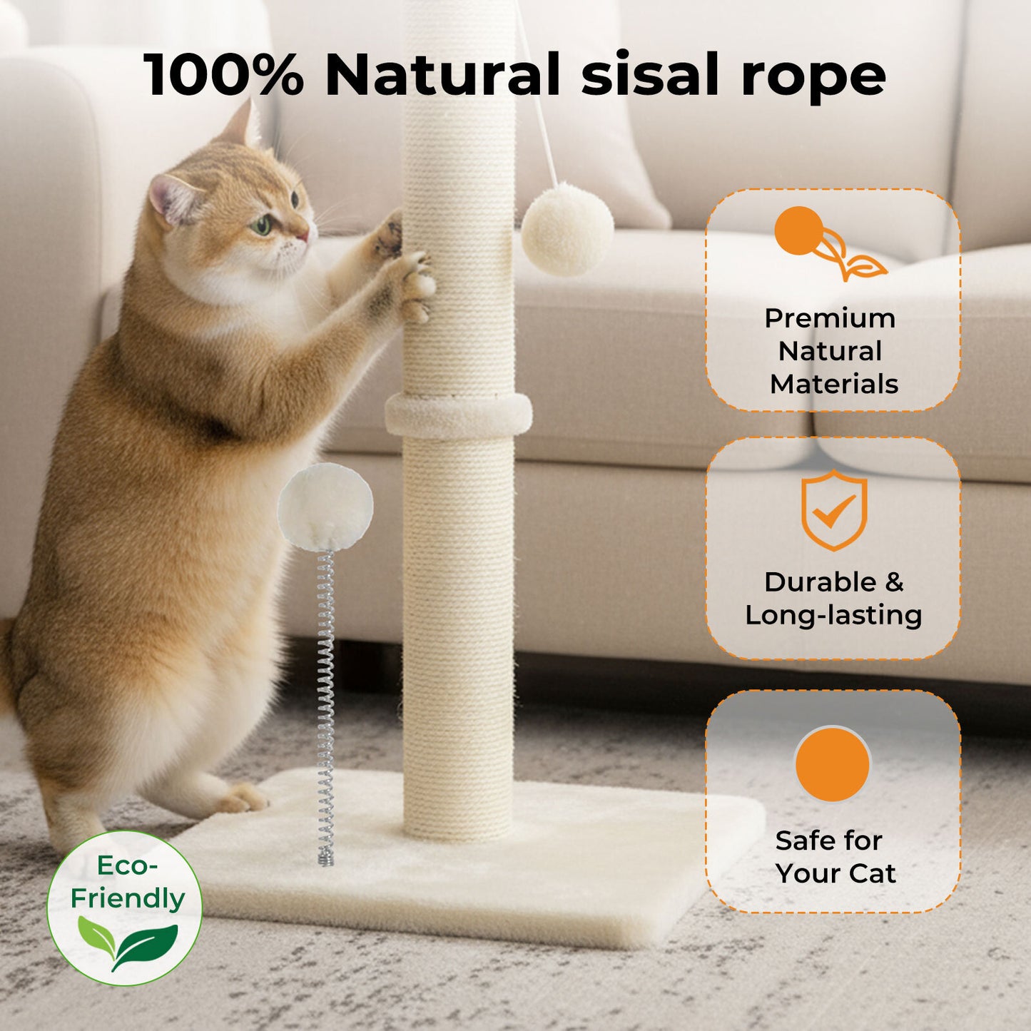 Skylos Cat Scratching Post 54cm Strong Natural Sisal Heavy Duty Scratcher Ball