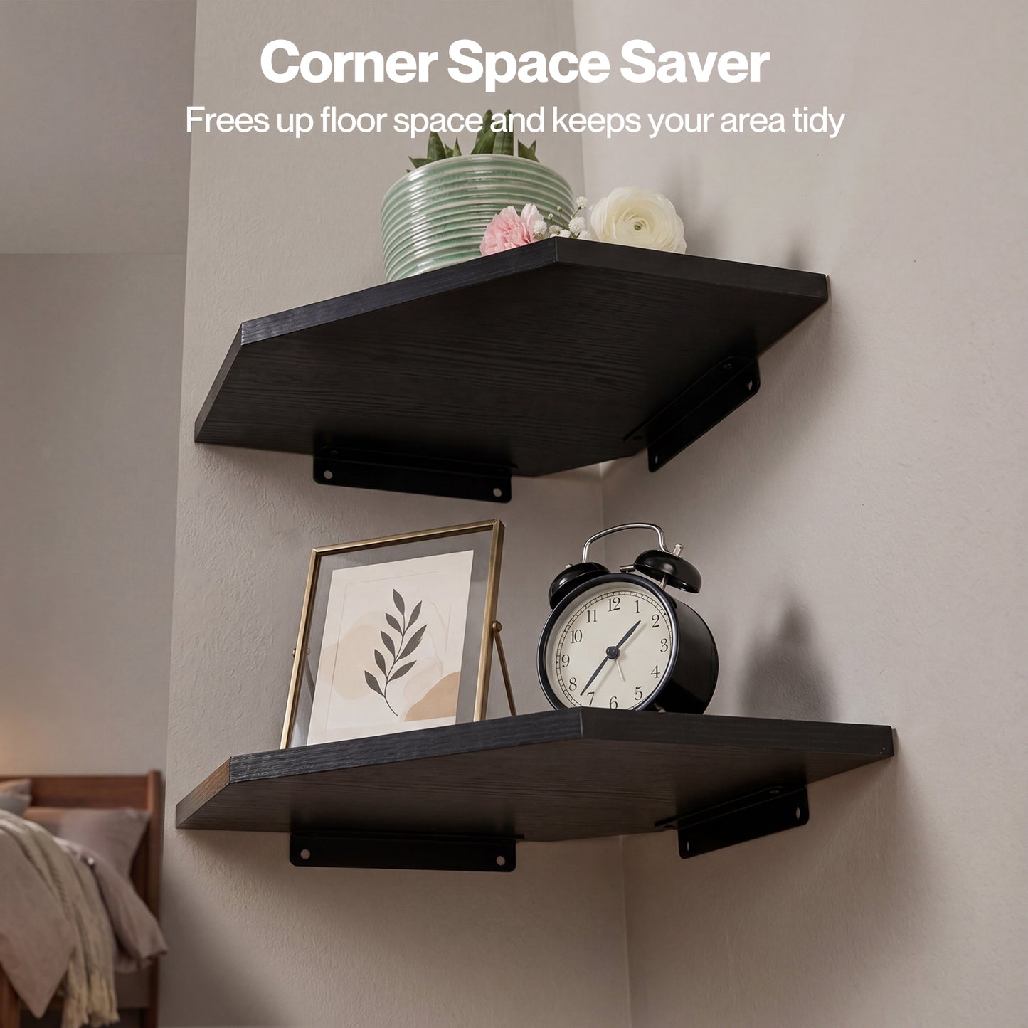 Levede 2 Pack Floating Corner Shelves Cable Cut-Out Wall Mounted Storage Black