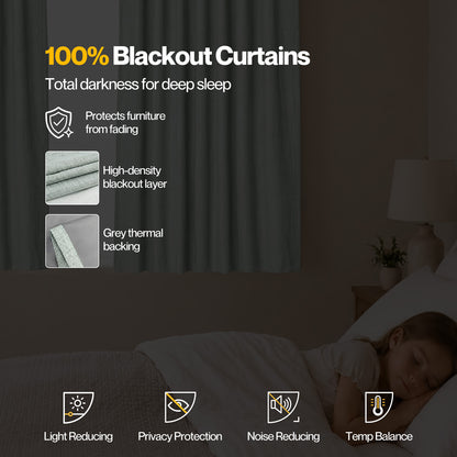 Marlow 100% Blackout Curtains Thermal Linen Look Pair Ready Made 46x54 in Green