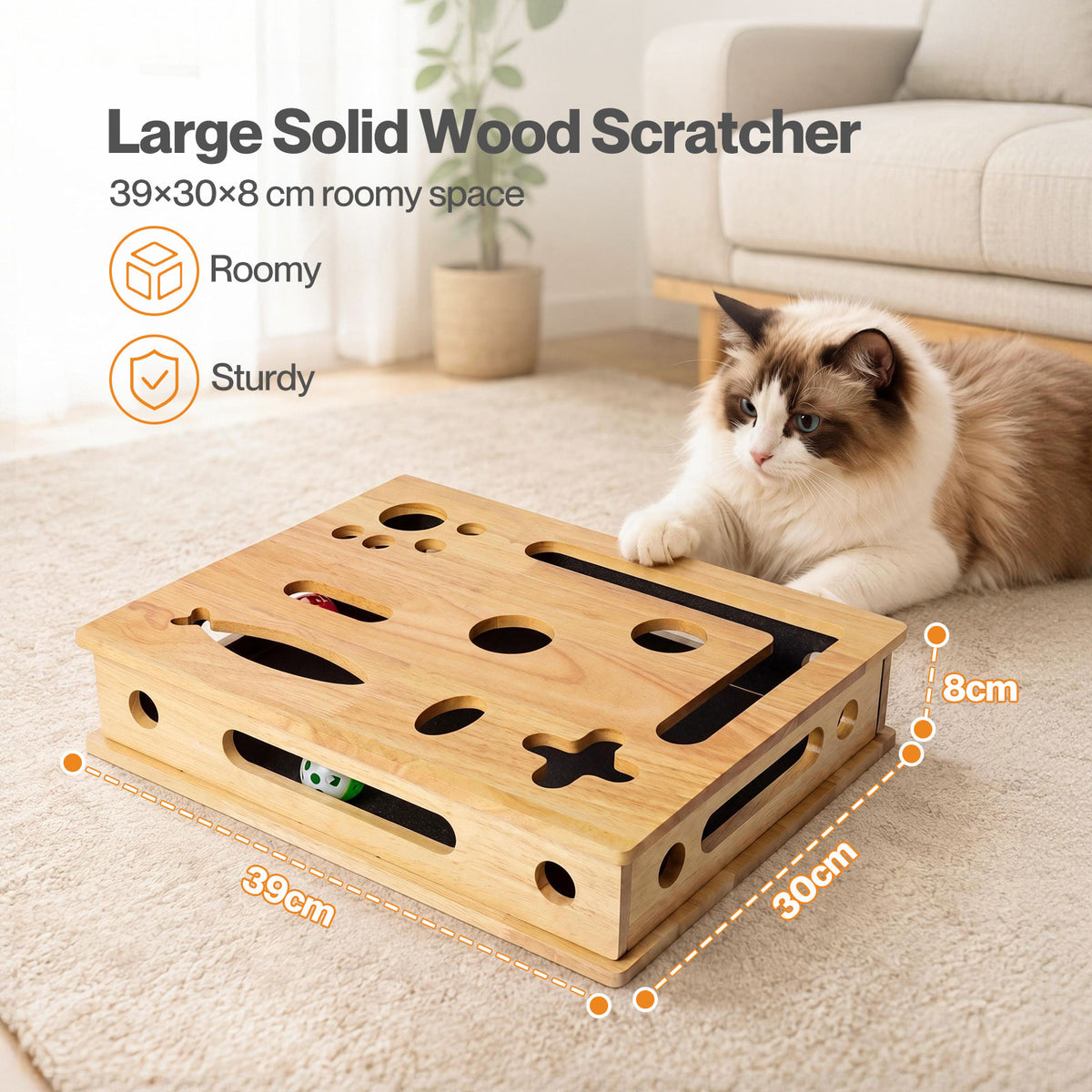Skylos Cat Nail File Scratcher Large Solid Wood with Toy Balls for Indoor Cats