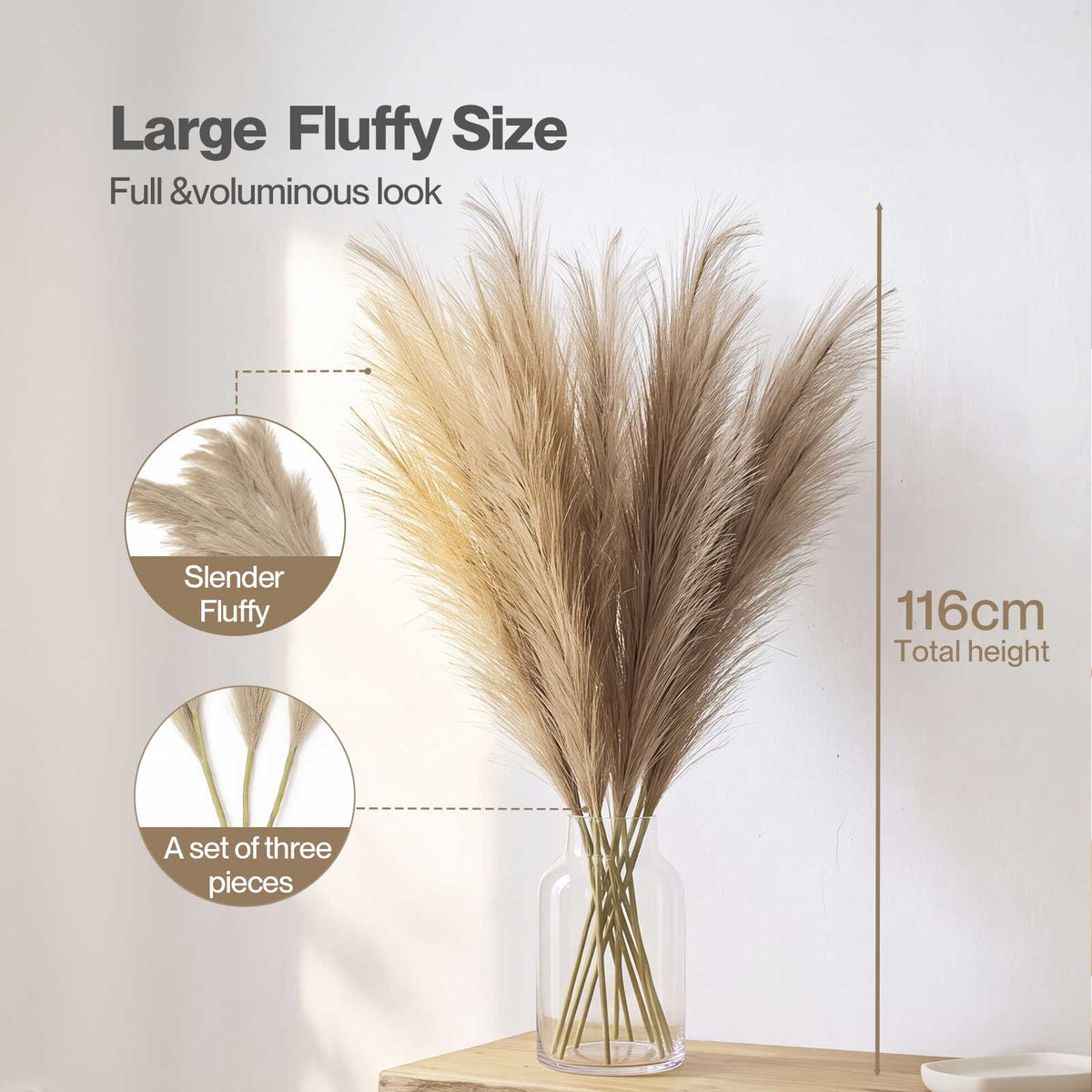 Santaco Pampas Grass Artificial 3Pcs 116cm Handcrafted Faux Silk Vase Brown