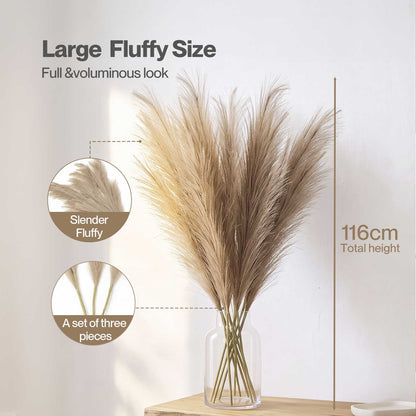 Santaco Pampas Grass Artificial 3Pcs 116cm Handcrafted Faux Silk Vase Brown