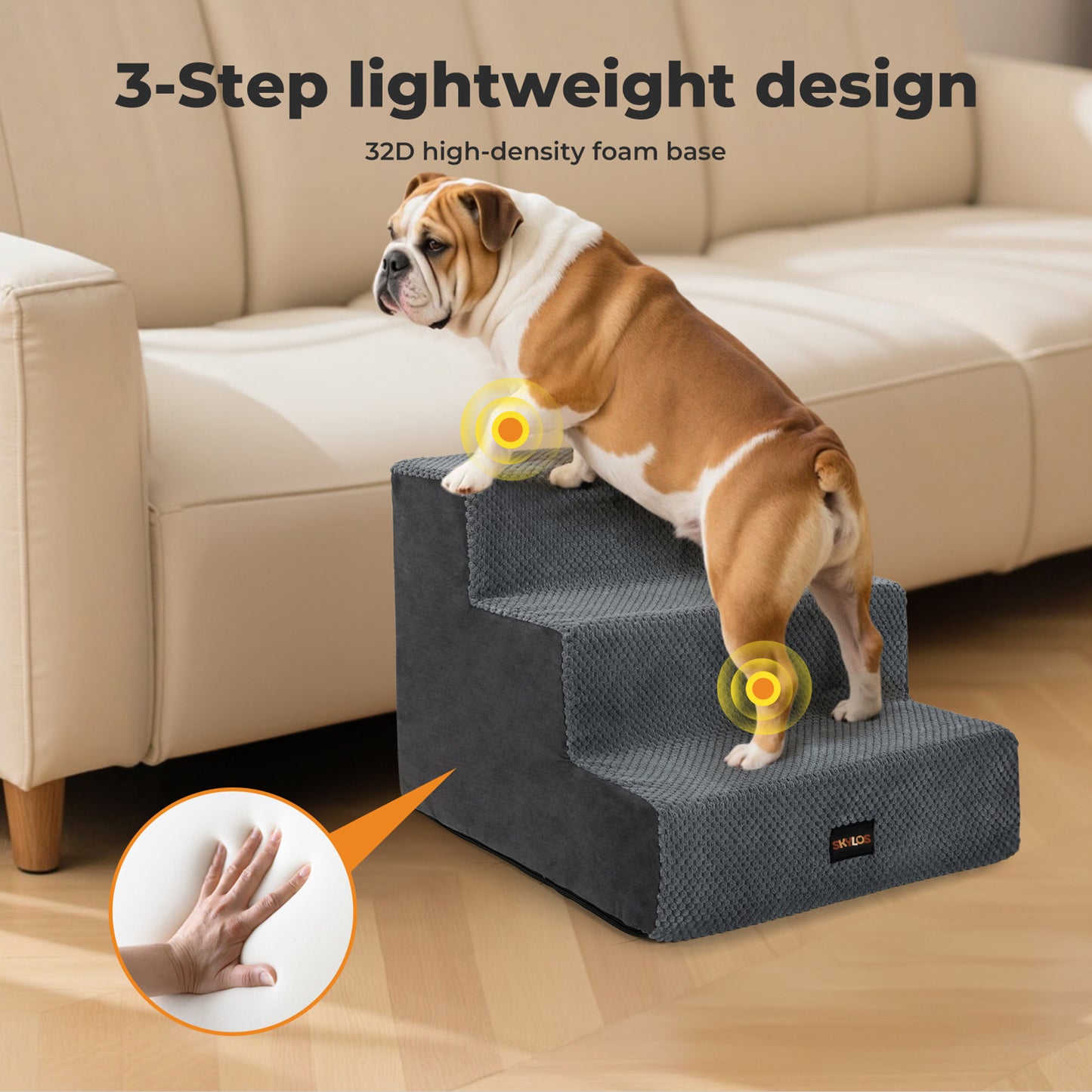 Skylos Dog Steps Pet Stairs Ramp 3 Step for High Bed Sofa Memory Foam Washable