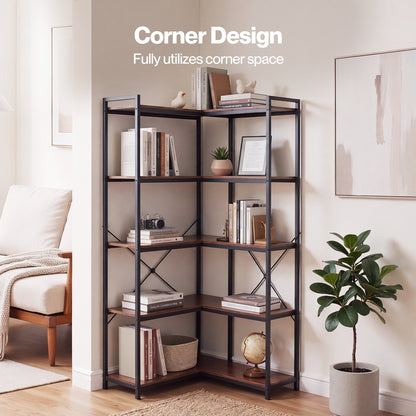 Levede Corner Bookcase 5-Tier L-Shaped Bookshelf Space-Saving Spice Walnut Black Metal