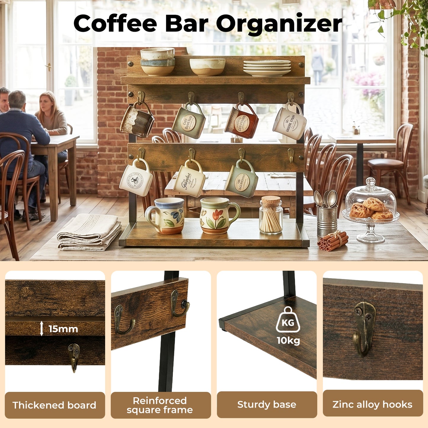 Levede Mug Holder Stand Coffee Cup Rack Storage Organiser 8 Hooks Rustic Brown