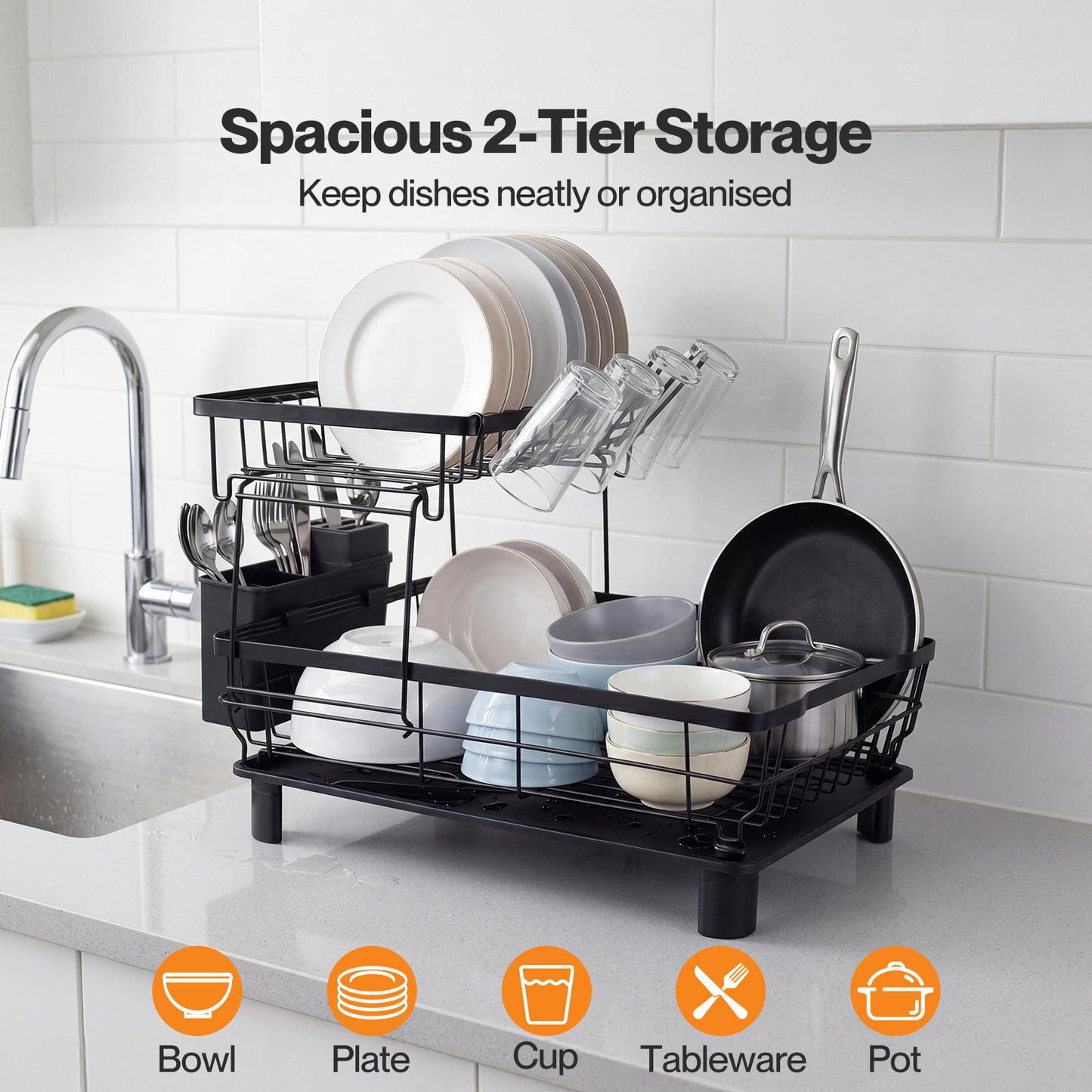 TOQUE 2 Tier Dish Drainer Rack Drip Tray Cutlery Holder Plate Rack Kitchen Sink