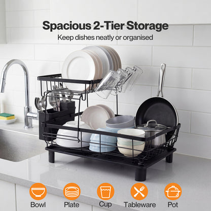 TOQUE 2 Tier Dish Drainer Rack Drip Tray Cutlery Holder Plate Rack Kitchen Sink