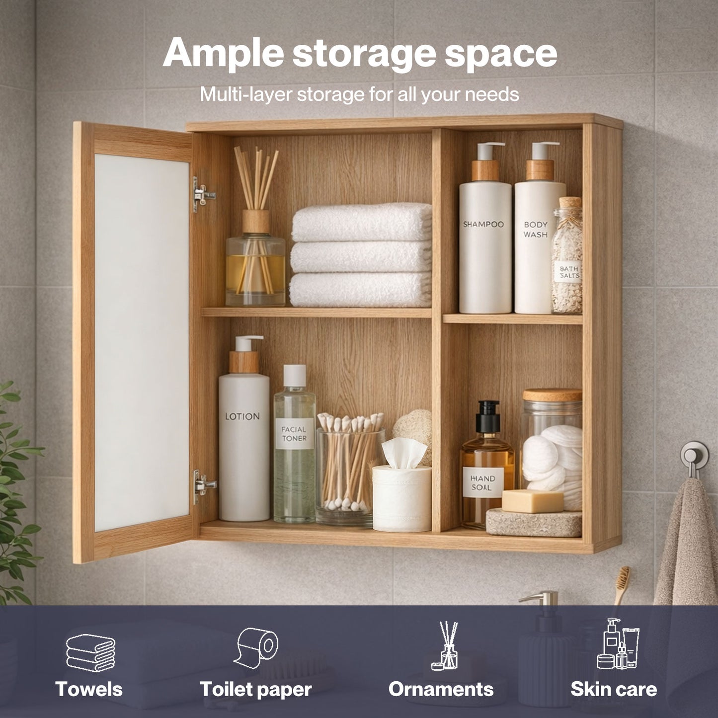 Levede Bathroom Mirror Cabinet Wall Mounted Cupboard with Storage Shelf Oak 56cm