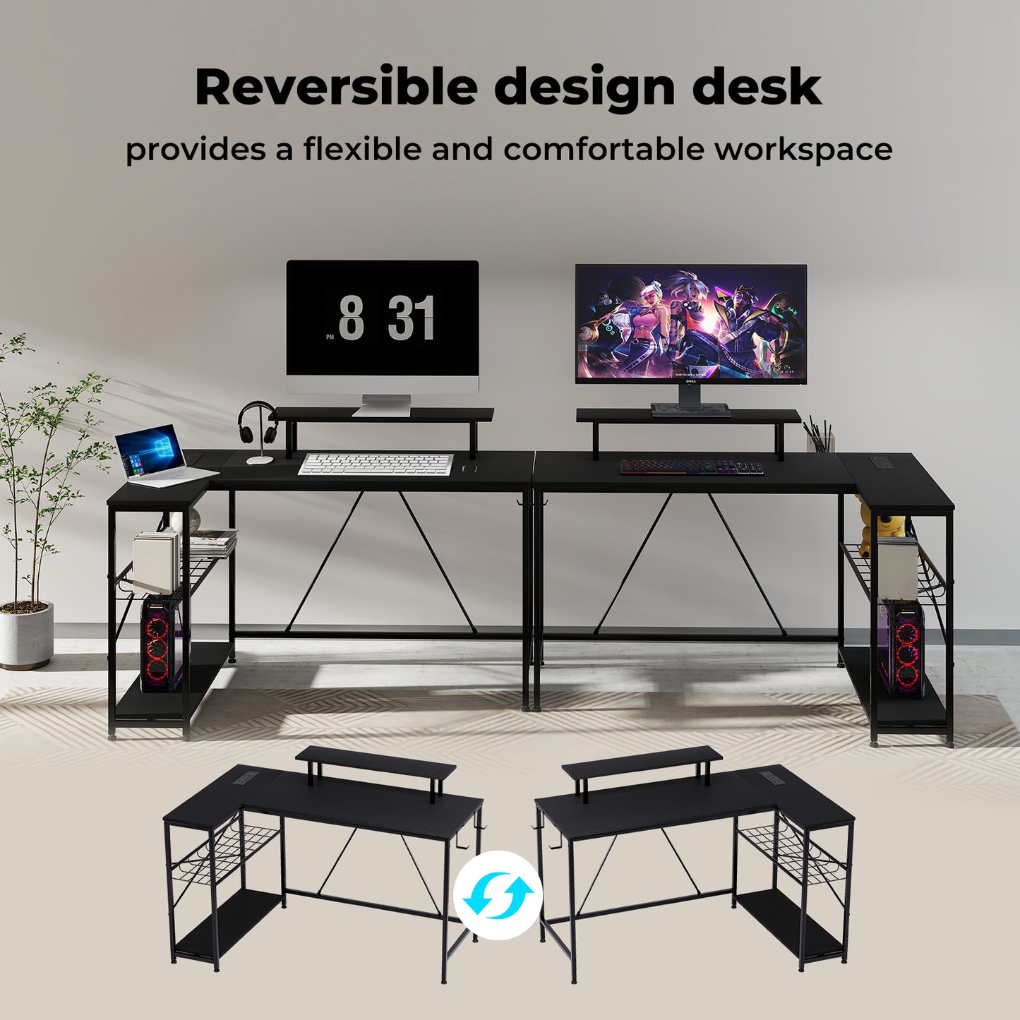 Levede Gaming Desk Corner L-Shaped Computer Table with LED Lights Storage USB