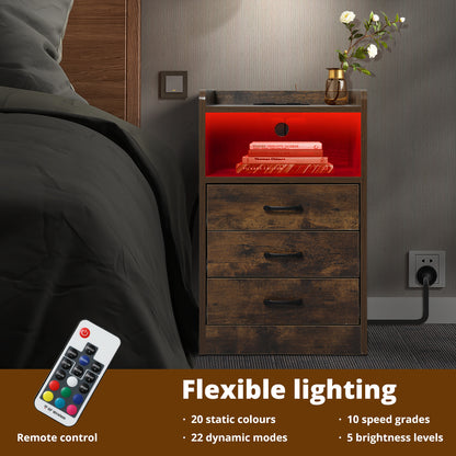 Levede Bedside Table Nightstand USB Charger Outlet RGB LED 3 Drawers Oak