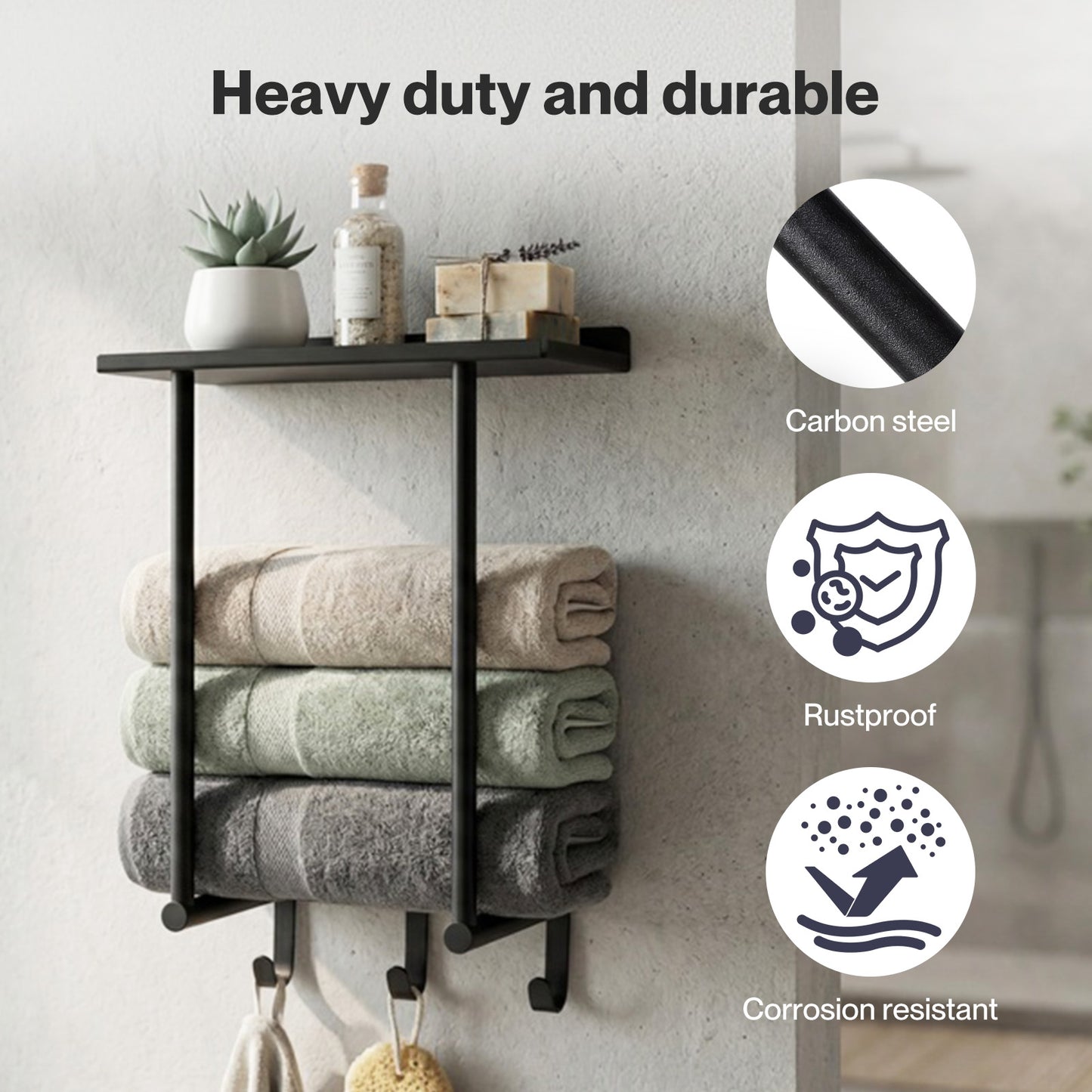 Levede Towel Rack Wall Mounted Shelf Bathroom Storage Holder with Hooks Black