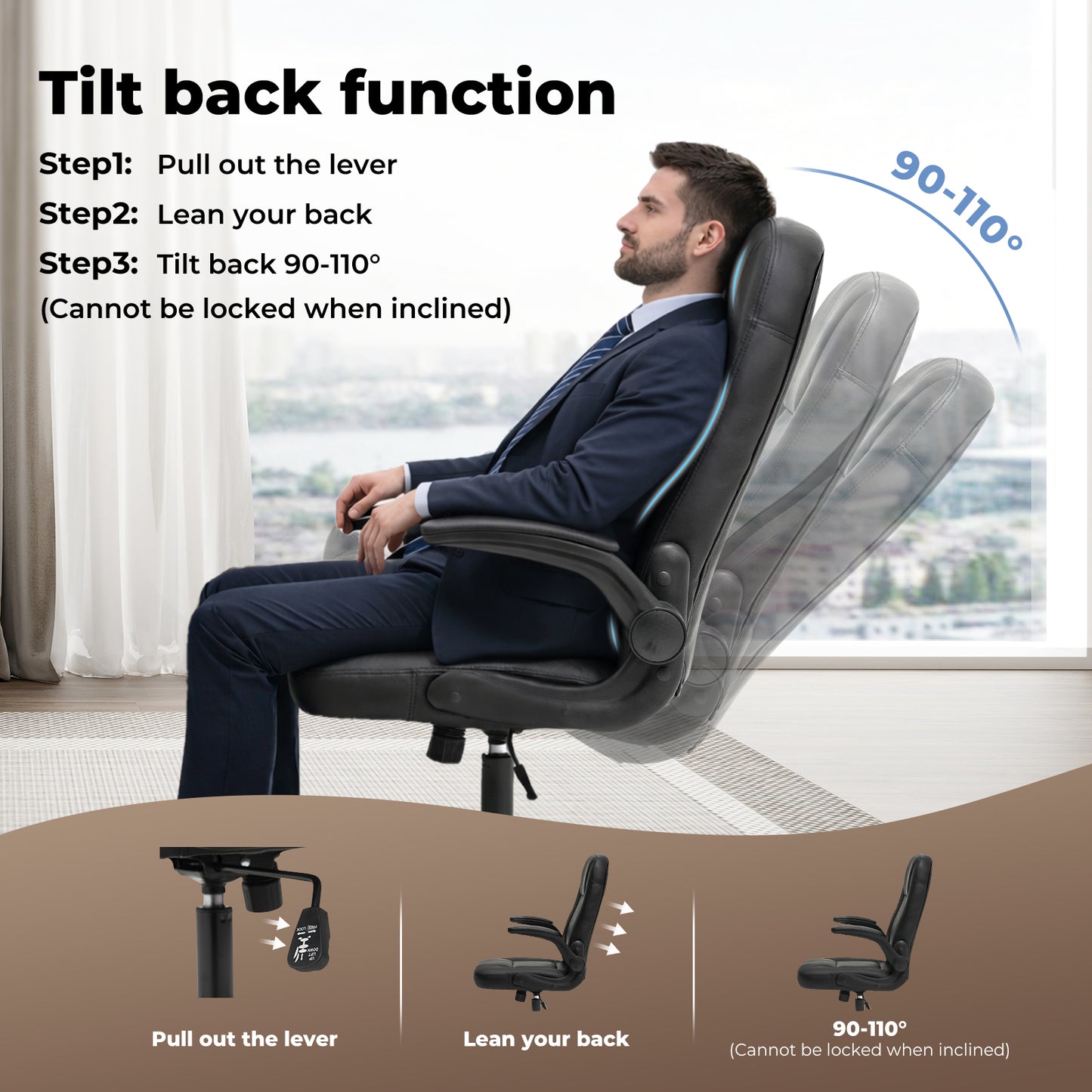 Ergonomic Office Computer Chair PU Leather Swivel Recliner with Flip-Up Armrests