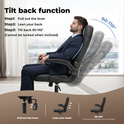 Ergonomic Office Computer Chair PU Leather Swivel Recliner with Flip-Up Armrests