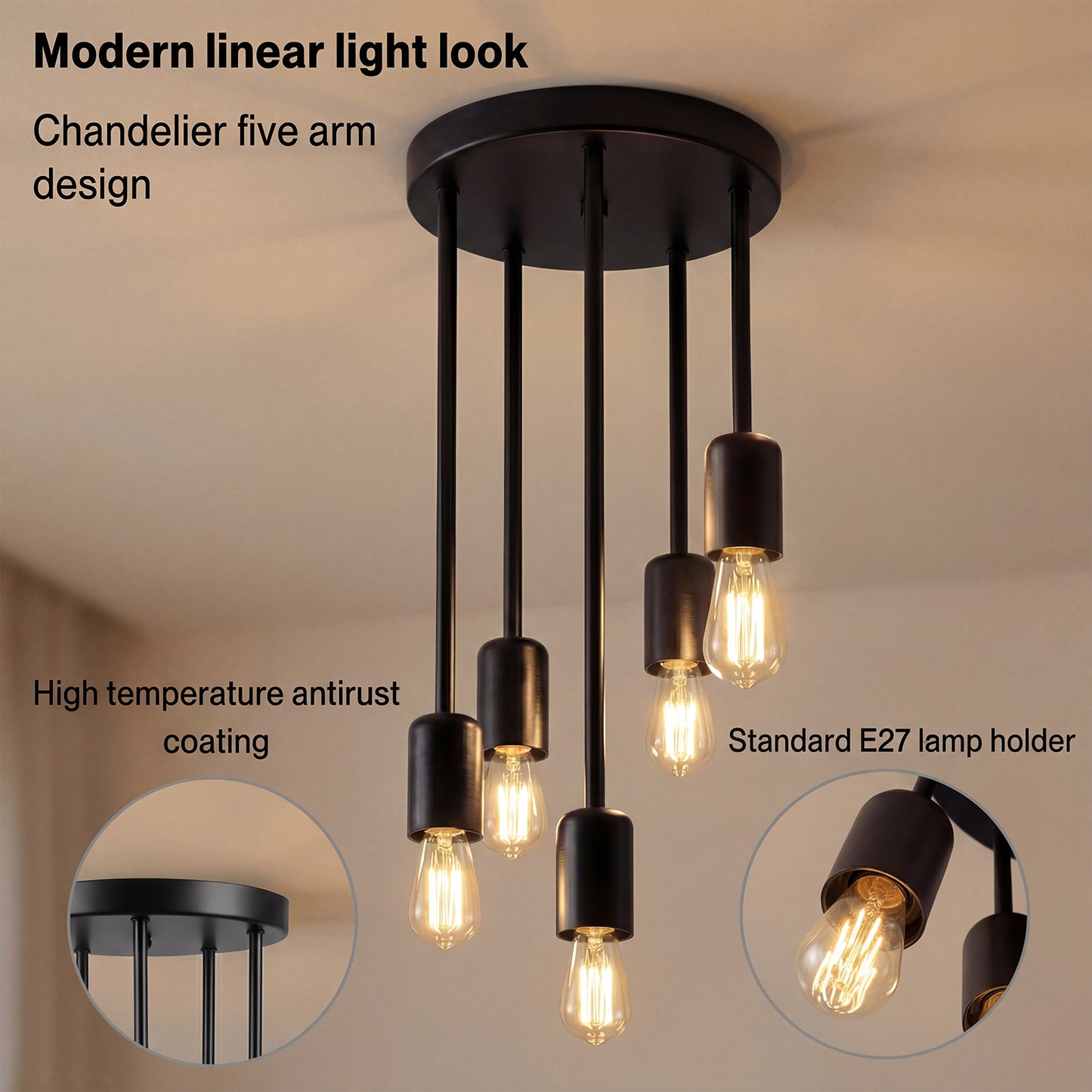 Emitto Ceiling Lights 5 Lights Flush Fitting Pendant Lamp E27 Base Black