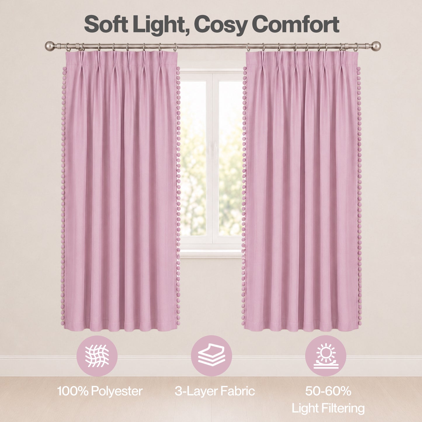 Marlow Pink Pom Pom Curtains for Nursery Baby Girls Room 46"x72" in Pink