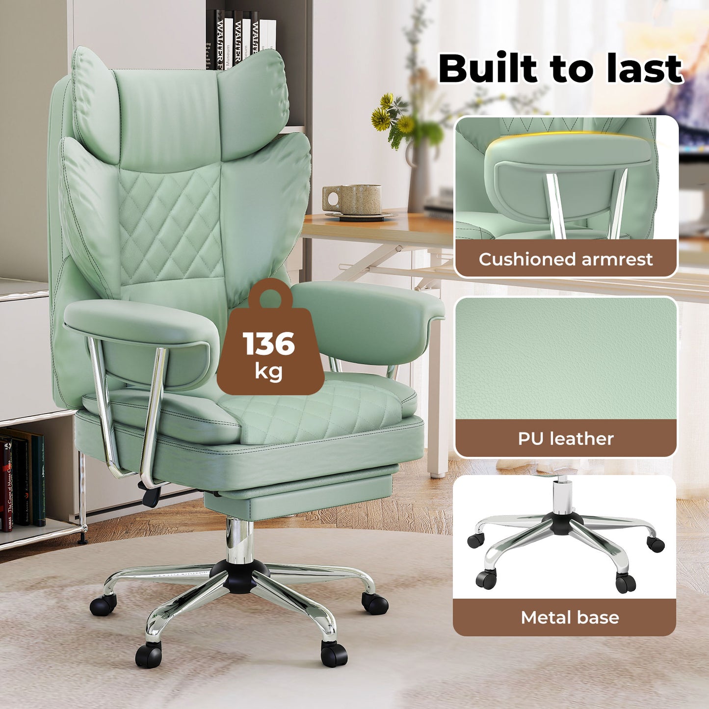 Levede Office Desk Chair Big and Tall for Heavy People with Footrest PU Green